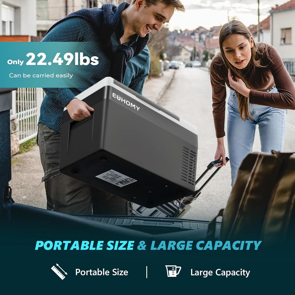 EUHOMY 12V Portable Car Refrigerator, 25L with APP Control, Black & Gray – Quiet, Compact, Travel-Ready